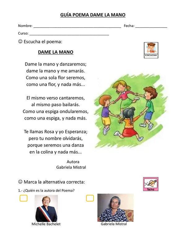 Guía de trabajo poema Dame la Mano.