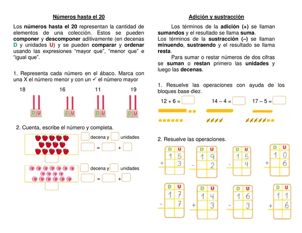 Guía de síntesis "Números hasta 20" Primer año básico