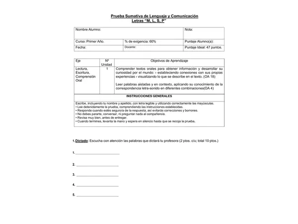 Evaluación 1° básico letras "M, L ,S, P" y segmentación silábica