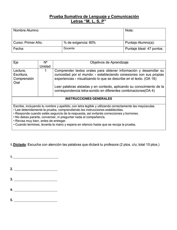 Evaluación 1° básico letras "M, L ,S, P" y segmentación silábica