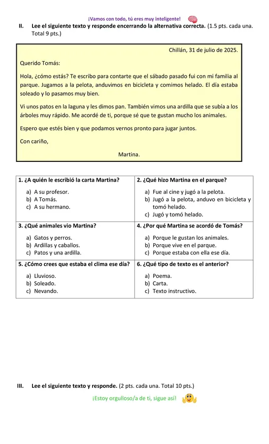 Prueba de Lenguaje segundo básico Unidad 2