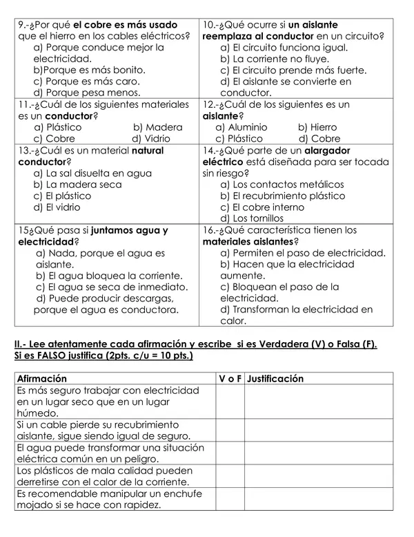 Evaluación Ciencias Naturales – Conductores y Aislantes de Electricidad (5° Básico)