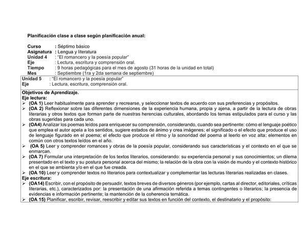  7º año de Educación Básica, PLANIFICACION, LENGUAJE, SEPTIEMBRE