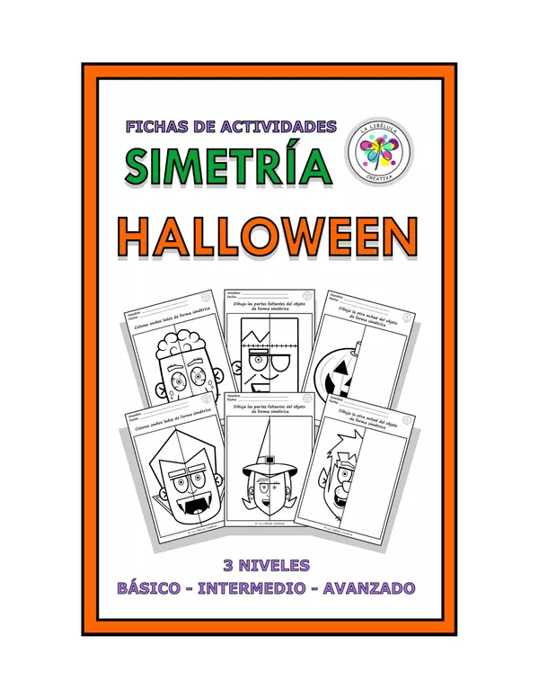 Fichas de actividades de Simetría Halloween Niveles Colorear