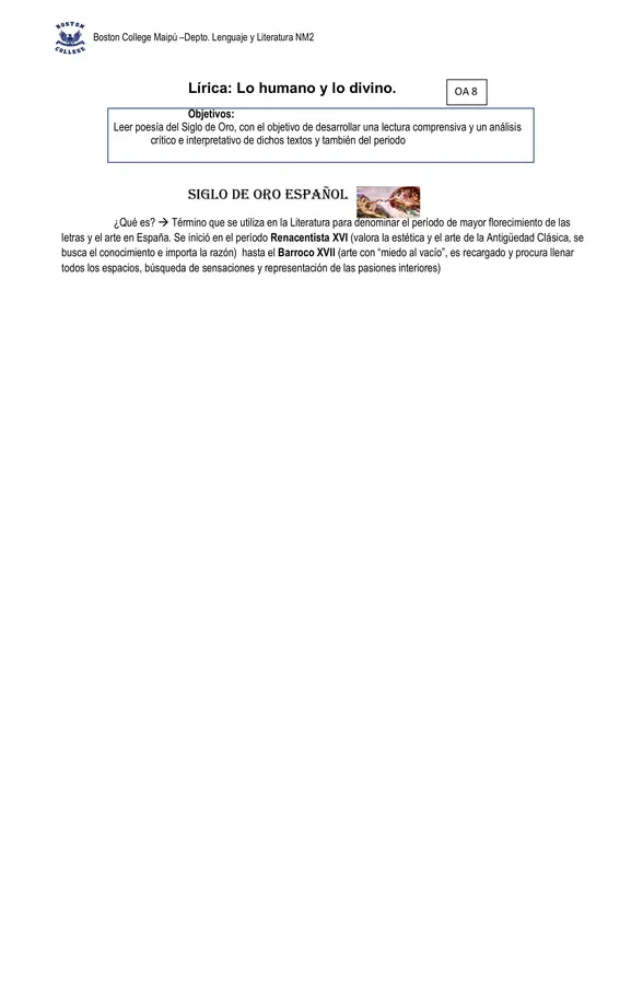 Material 2° medio Lengua y Literatura, Unidad III Lírica. Guía  1 Siglo de Oro y Lírica. 