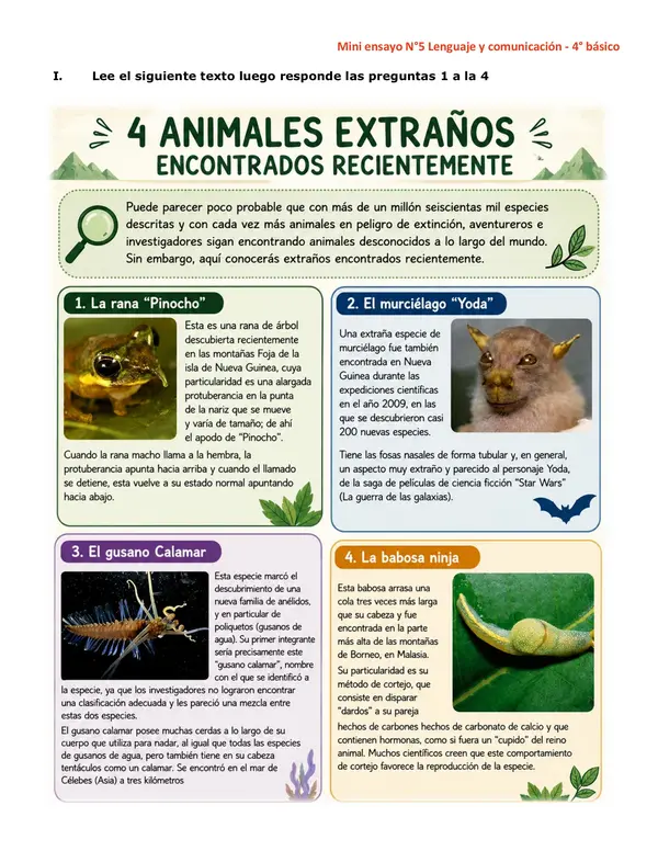 Mini ensayo n°5. SIMCE 4° BÁSICO - Lenguaje y comunicación