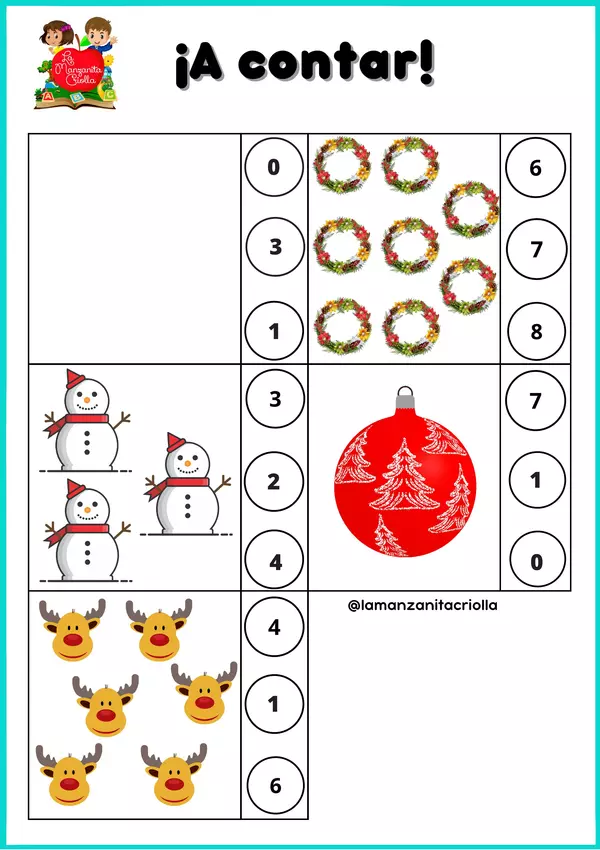 Fichas de actividades con números y cantidades (Navidad)