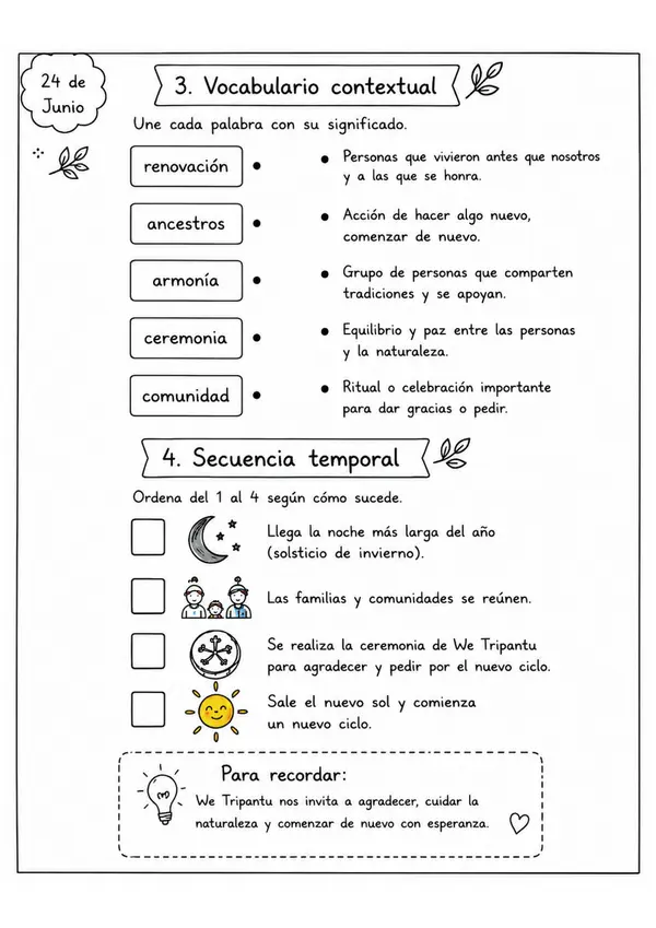 We Tripantu: Comprensión lectora y actividades de escritura