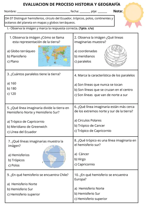  Evaluación de Historia y Geografía: Líneas Imaginarias, Continentes y Océanos