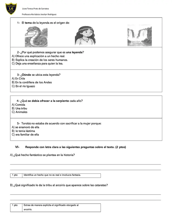 Evaluación comprensión de mitos y leyendas