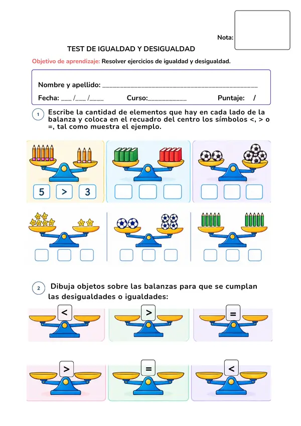 Test de Matemática: Igualdad y Desigualdad Uso de balanzas y símbolos 