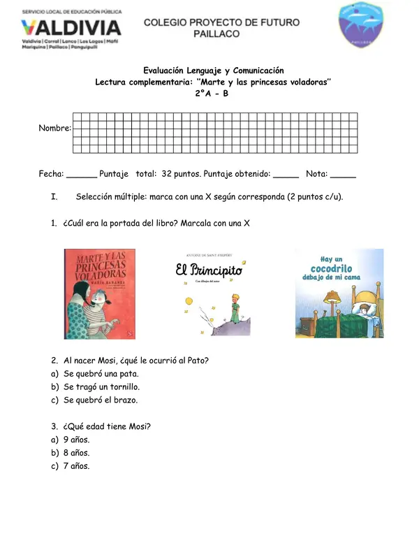 Evaluación lectura ''Marte y las princesas voladoras''