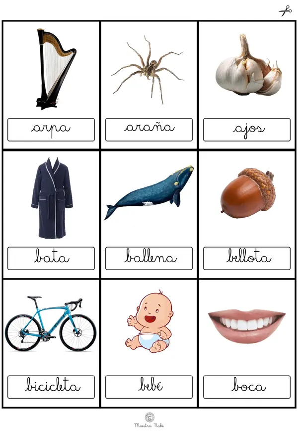 Tarjetas de elementos con inicial A-Z. Ligada.