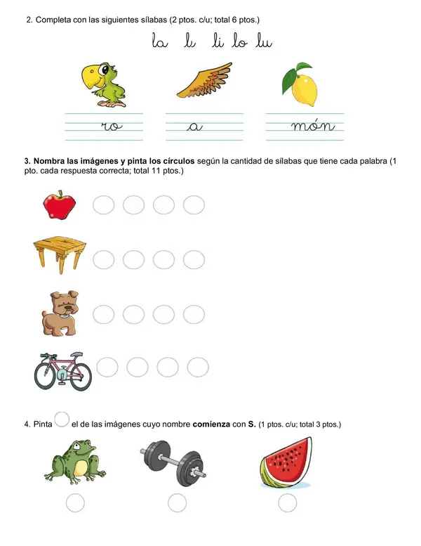 Evaluación 1° básico letras "M, L ,S, P" y segmentación silábica