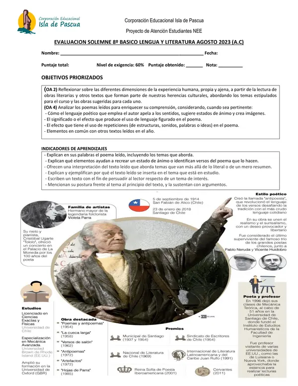 Evaluación de lengua y literatura