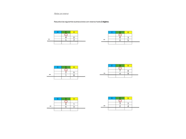 Adición y sustracción de 1 y 2 dígitos con valor posicional