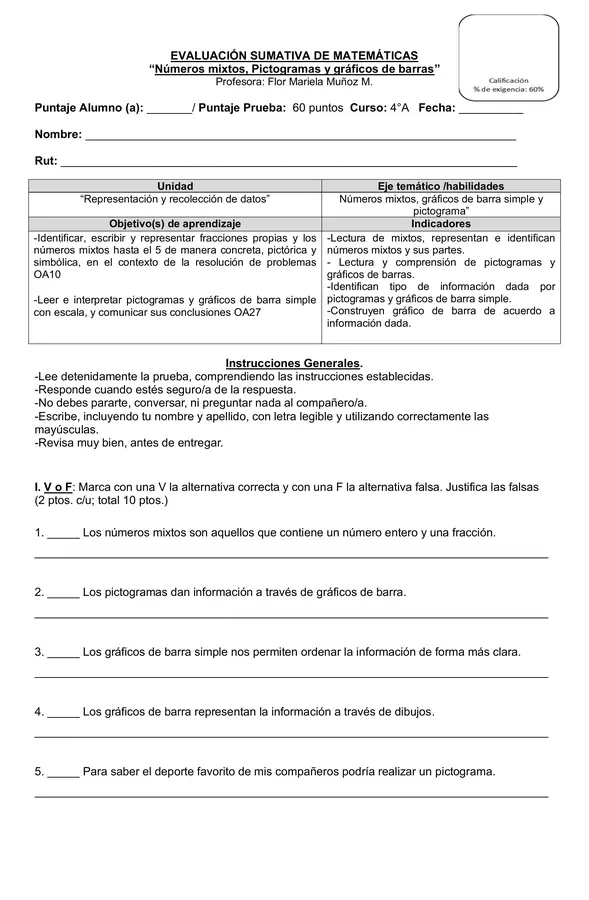 Prueba "Números mixtos, pictograma y gráfico de barra simple" 4°año