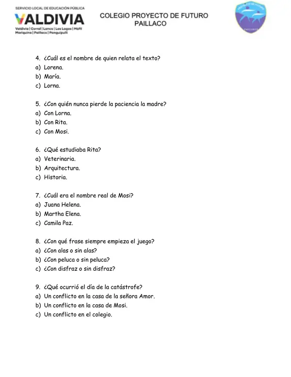 Evaluación lectura ''Marte y las princesas voladoras''