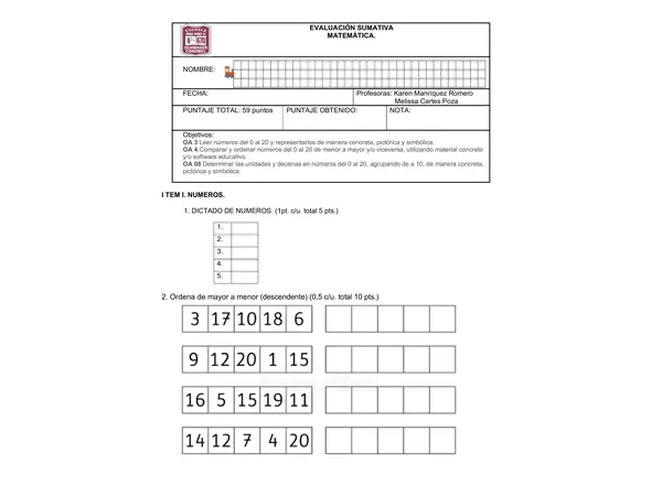 Evaluación matemática hasta el 20