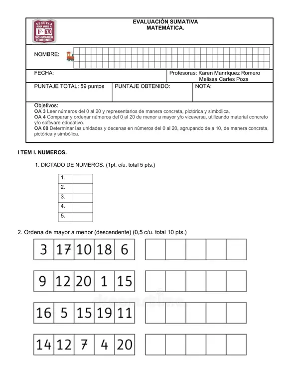Evaluación matemática hasta el 20