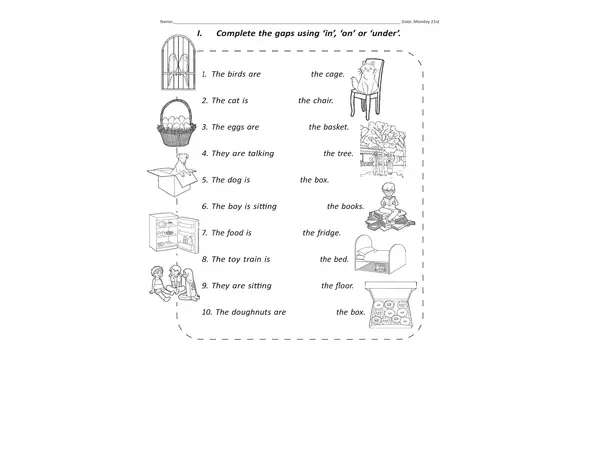 Worksheet preposition of place