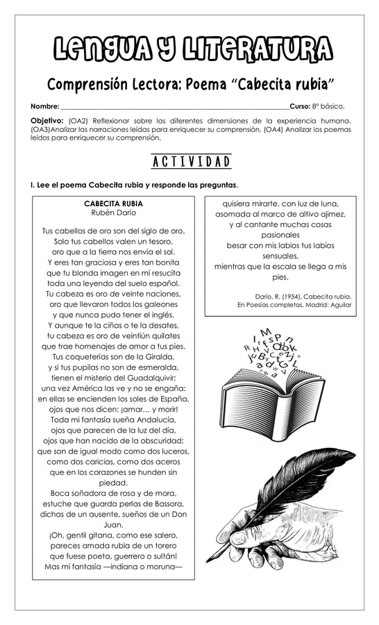 Guía de trabajo - Comprensión poema Cabecita rubia - 8° básico (Lengua y literatura)