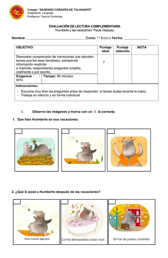 EVALUACIÓN DE LECTURA COMPLEMENTARIA  “Humberto y las vacaciones” Paula Vásquez.