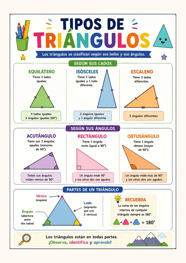 Póster Tipos de Triángulos | Cartel Educativo de Geometría | Matemática Primaria Imprimible