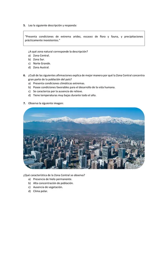 Prueba zonas naturales de Chile | Quinto Básico | Fila A