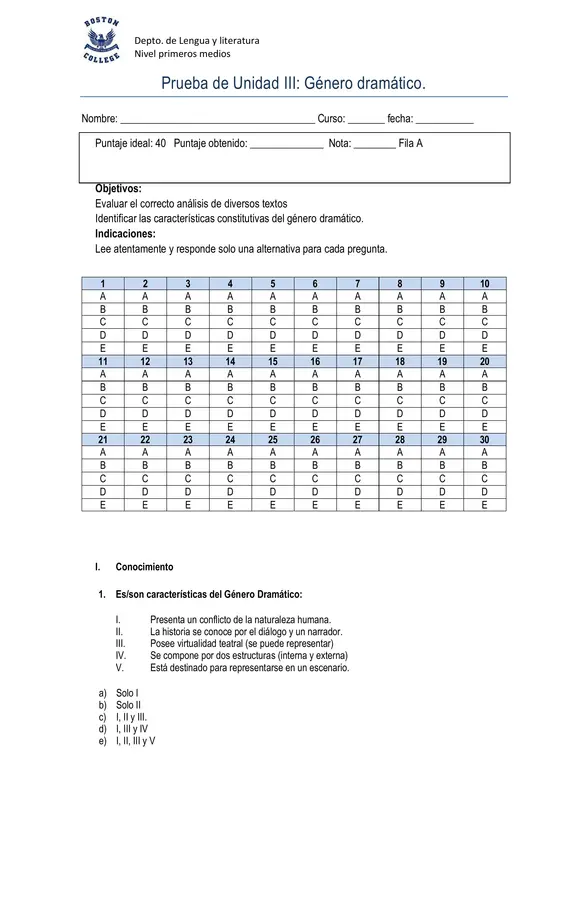 Prueba Unidad III, Género dramático, Primero Medio, Lengua y Literatura. 