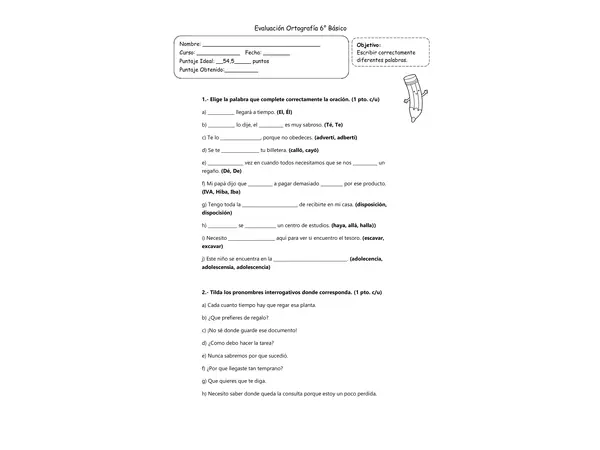 Evaluación Ortografía 5° - 6°