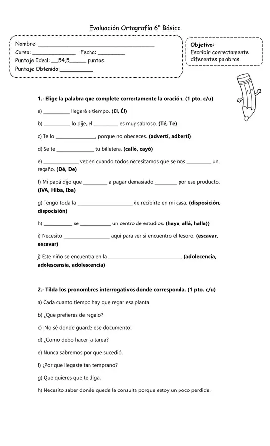 Evaluación Ortografía 5° - 6°