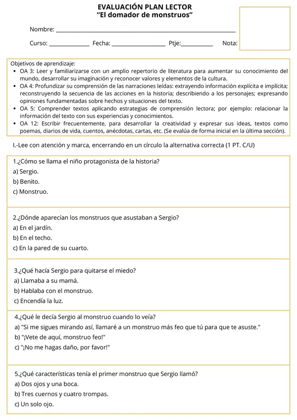  Evaluación Plan Lector "El domador de monstruos" 