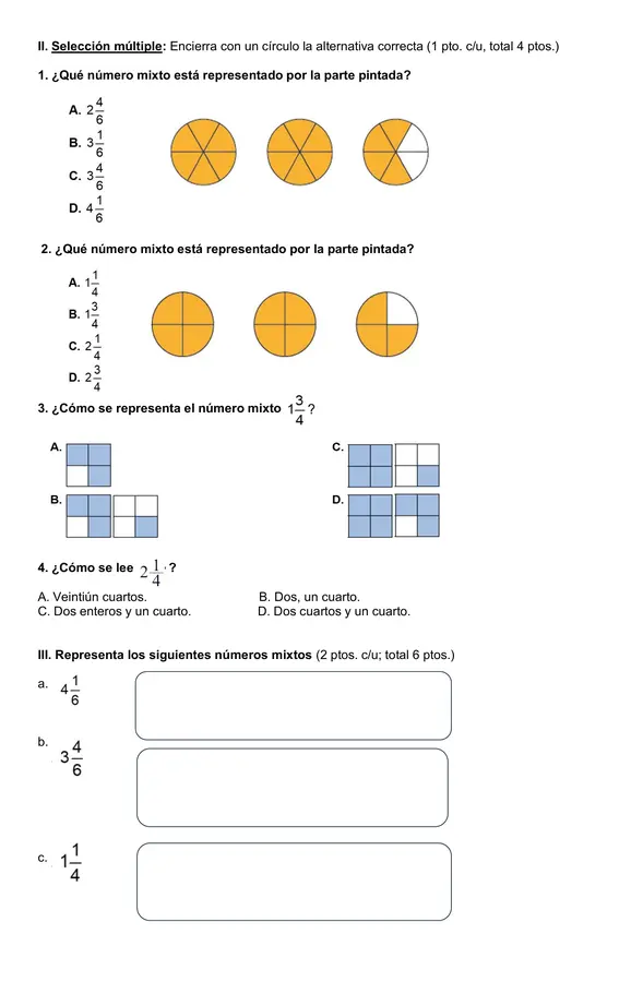 Prueba "Números mixtos, pictograma y gráfico de barra simple" 4°año