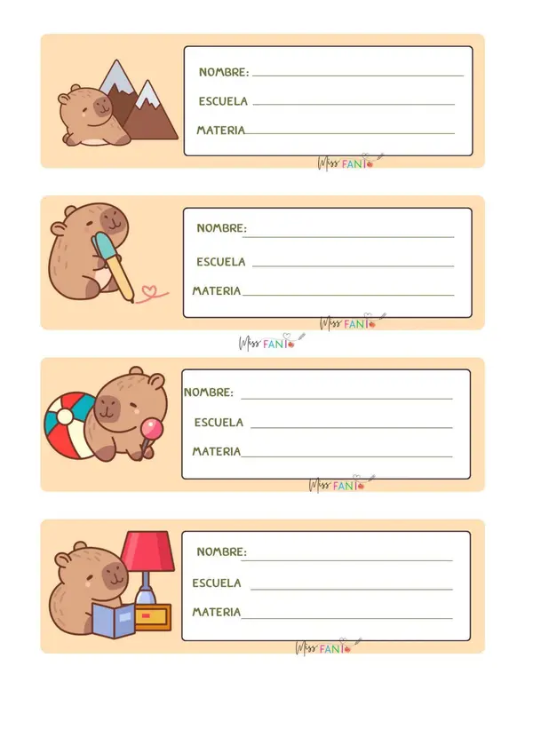 Etiquetas imprimibles para cuadernos capibara