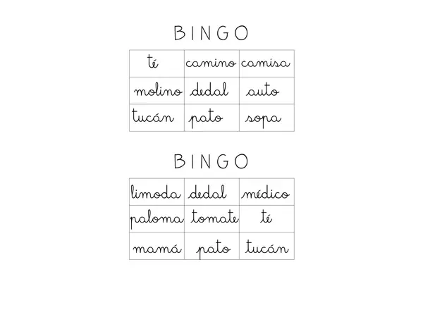 Bingo de palabras (m-l-p-s-d-t-ca-co-cu)