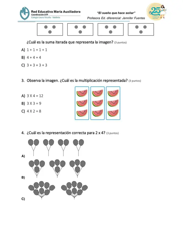 evaluación PIE tablas de multiplicar 2, 5 y 10 | profe.social