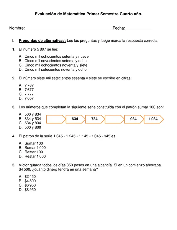 Evaluación segundo semestre de matemática 4° año básico.