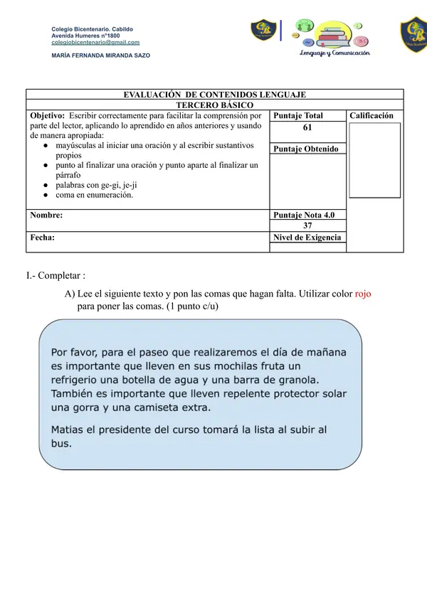 Evaluacion de contenidos de Lenguaje