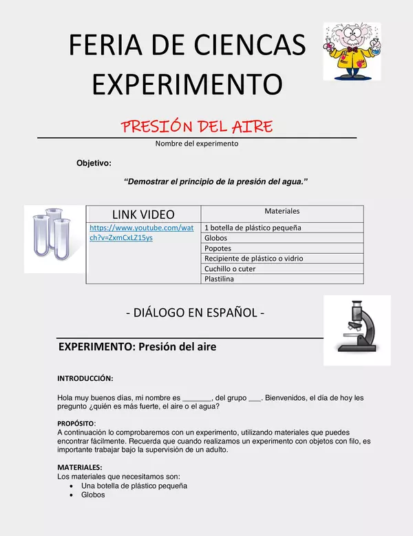 Formato para experimento de Ciencias con diálogo para presentación.Editable.