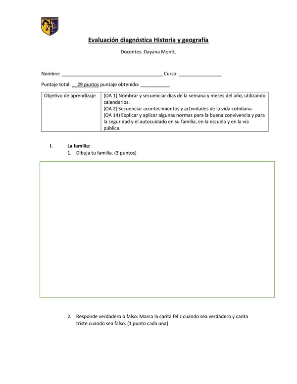 Evaluación de diagnóstico Historia y geografía primero básico 