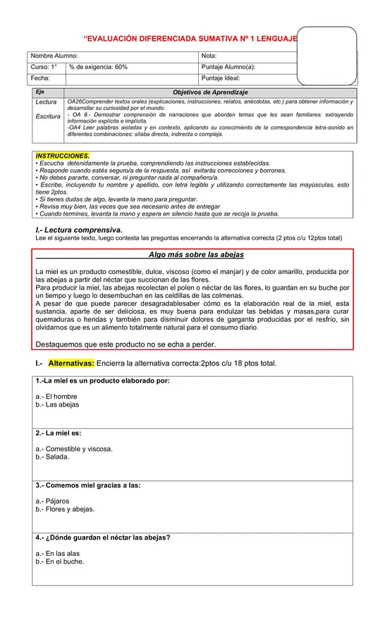 Evaluación  diferenciada de lenguaje primero básico 