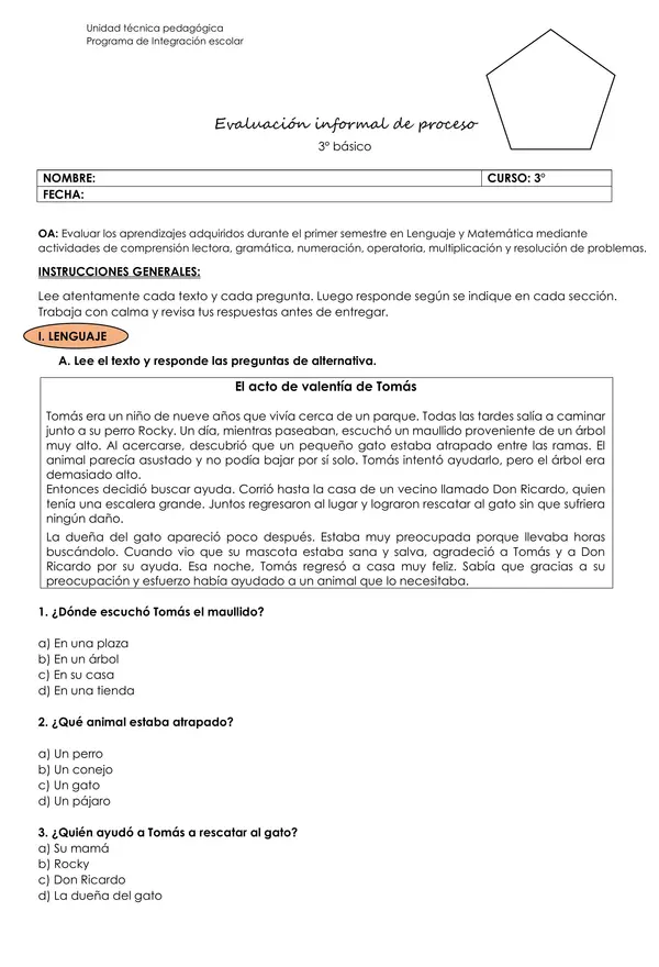 Evaluación informal de proceso PIE – 3° básico