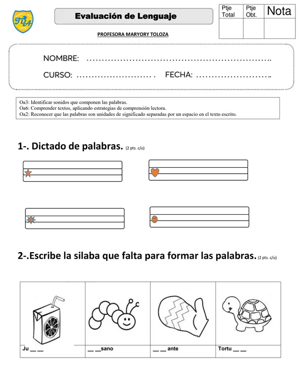 EVALUACION LENGUAJE LETRA G