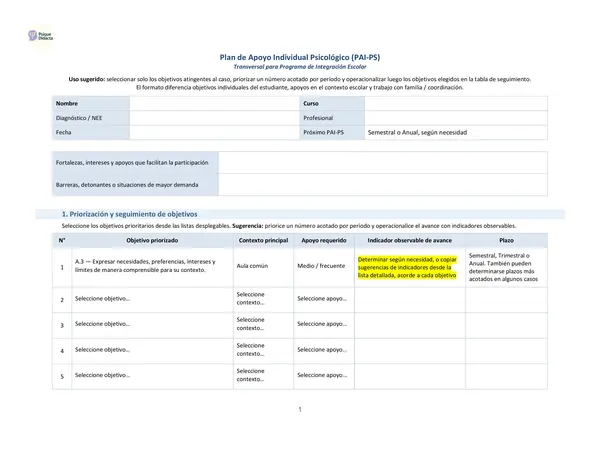 Plan de Apoyo Individual Psicológico PIE (PAI-PS) Transversal Semiautomatizado