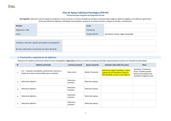 Plan de Apoyo Individual Psicológico PIE (PAI-PS) Transversal Semiautomatizado
