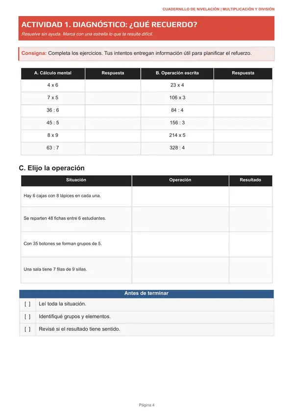 Multiplica y Divide: cuadernillo de nivelación | 3.º y 4.º básico