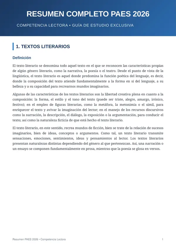 Guía PAES 2026: Resumen completo de contenidos competencia lectora ...