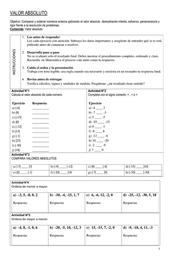 GUÍA DE VALOR ABSOLUTO + GUÍA DE REGLA DE LOS SIGNOS