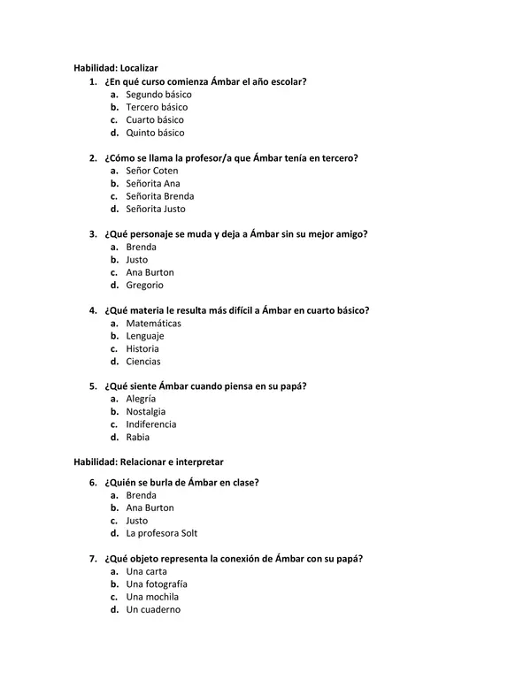 Evaluación de lectura complementaria de Ámbar en cuarto y sin su amigo de Paula Danziger